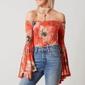 Free People Birds of Paradise Floral Off the Shoulder Bell Sleeve Top Blouse
